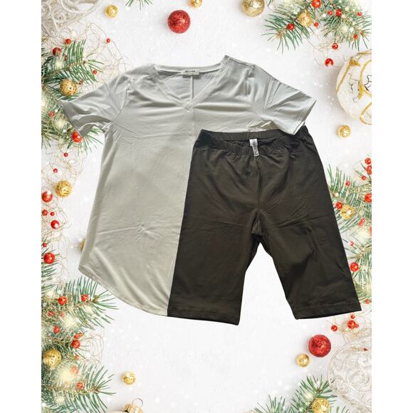 Zenana Outfitters Pants - Holiday Cozy Essentials Bundle – White V-Neck Tee + Olive Biker Shorts (NWT)